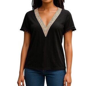 Black V-Neck Short Sleeve Top with Crochet Trim – Size S